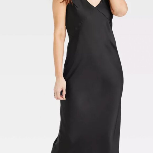 Black Satin Slip Dress Midi/Long Target Slip Dress - Size Large - Picture 2 of 6